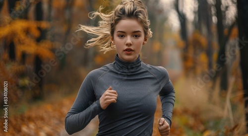 Woman Running Through Forest in Gray Top