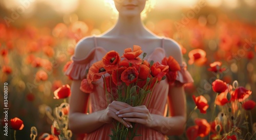 Woman Standing in Field of Red Flowers