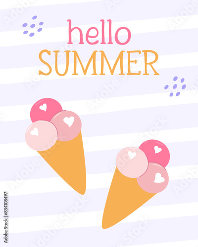 Hello summer pastel poster. Hand-drawn ice creams in waffle cones. Striped purple vector background.