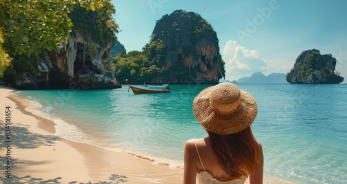 Woman in Hat Standing on Beach