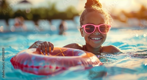 Little Girl Wearing Sunglasses in Swimming Pool