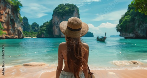 Woman in Hat Standing on Beach