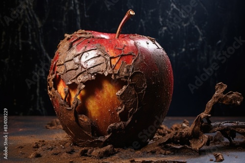 side view of rotten apple on a black background. the fruit is spoiled and rotting. plant disease or virus photo