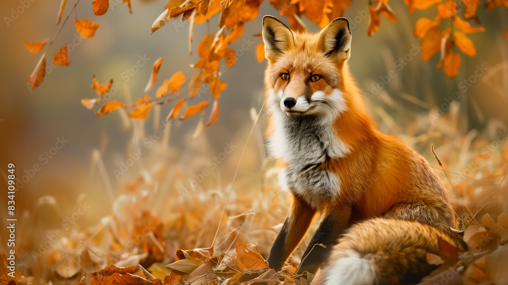 A red fox sitting in a field with a curious expression, framed by autumn leaves A red fox sitting in a field with a curious expression, framed by autumn leaves