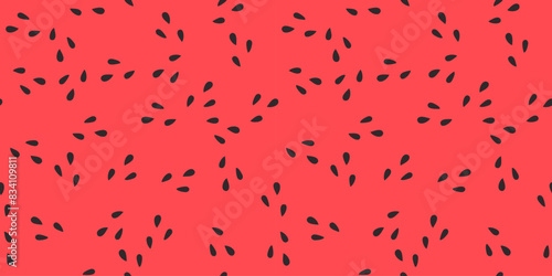 Watermelon pulp pattern with black scattered seeds. Seamless print of red inside of Fruit Berry. Summer juicy fresh food. Horizontal background. Natural Ripe. Vector illustration