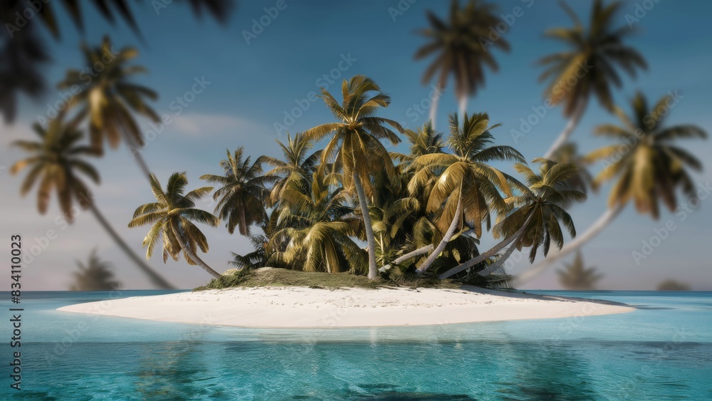 A small island with palm trees in the middle of a body of water, AI