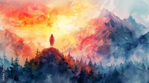 Inspirational Watercolor Painting of Jesus Preaching on a Mountain Generative AI