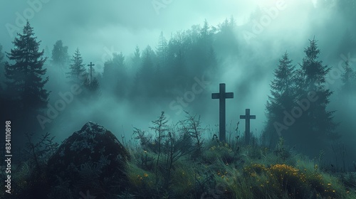 Serene Hilltop Crosses in the Mist Generative AI photo