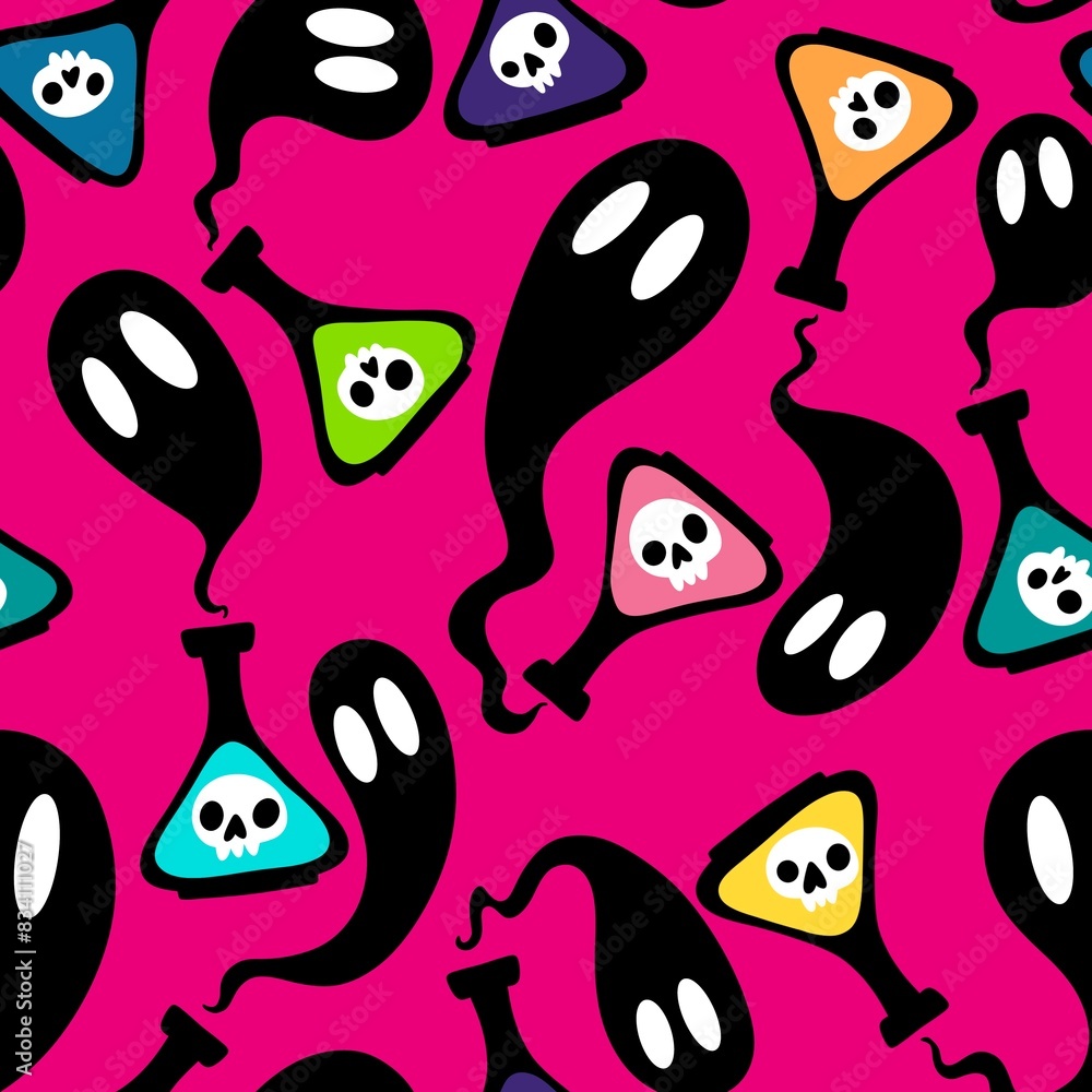 Halloween cartoon seamless poison bottle and ghost pattern for wrapping paper Halloween cartoon seamless poison bottle and ghost pattern for wrapping paper