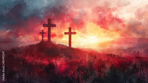 Sunrise View of the Three Crosses on Golgotha from the Holy Sepulchre Generative AI