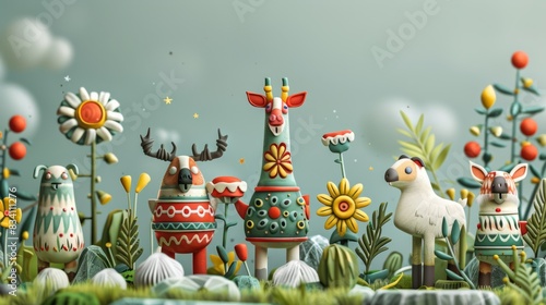 Artistic 3D illustration of Scandinavian folk art, with stylized depictions of animals, plants, and symbols commonly found in Nordic culture, rendered in a contemporary style and formatted in a 16:9 photo