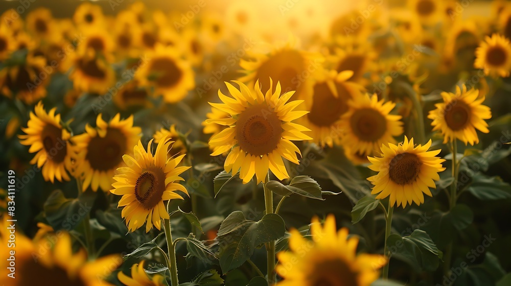 Obraz premium sunflower, flower, field, nature, summer, yellow, sunflowers, agriculture, plant, sun, sky, blossom, beauty, flora, bright, garden, blue, leaf, blooming, floral, spring, flowers, color, beautiful, sun