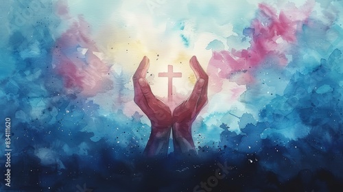 Heavenly Hands: Symbolic Watercolor Illustration Generative AI photo