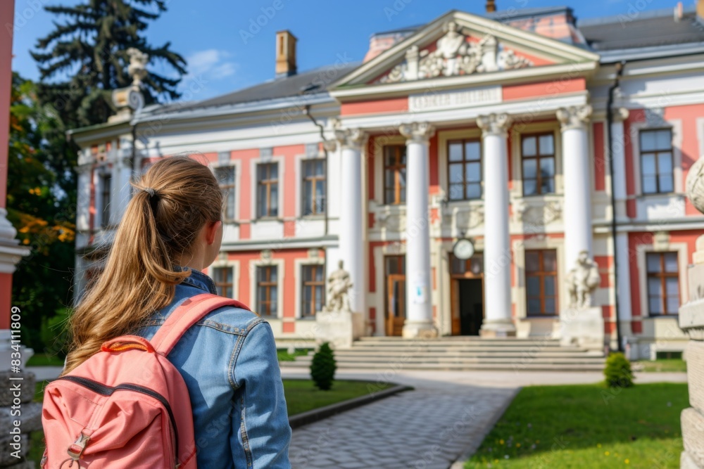 Student with a backpack standing library studying university campus scholarship internship study exam week college international programme erasmus school young academic books graduation education Student with a backpack standing library studying university campus scholarship internship study exam week college international programme erasmus school young academic books graduation education