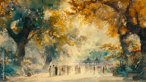 A Chinese water color painting. The color scheme is white, green and yellowThe midday scene of the Qingming Festival remains serene and reflective photo