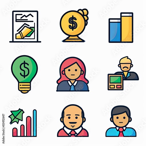 A set of icons for business and finance, including a dollar sign, a light bulb
