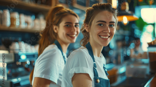 Two cheerful women in aprons smiling inside a welcoming coffee shop
