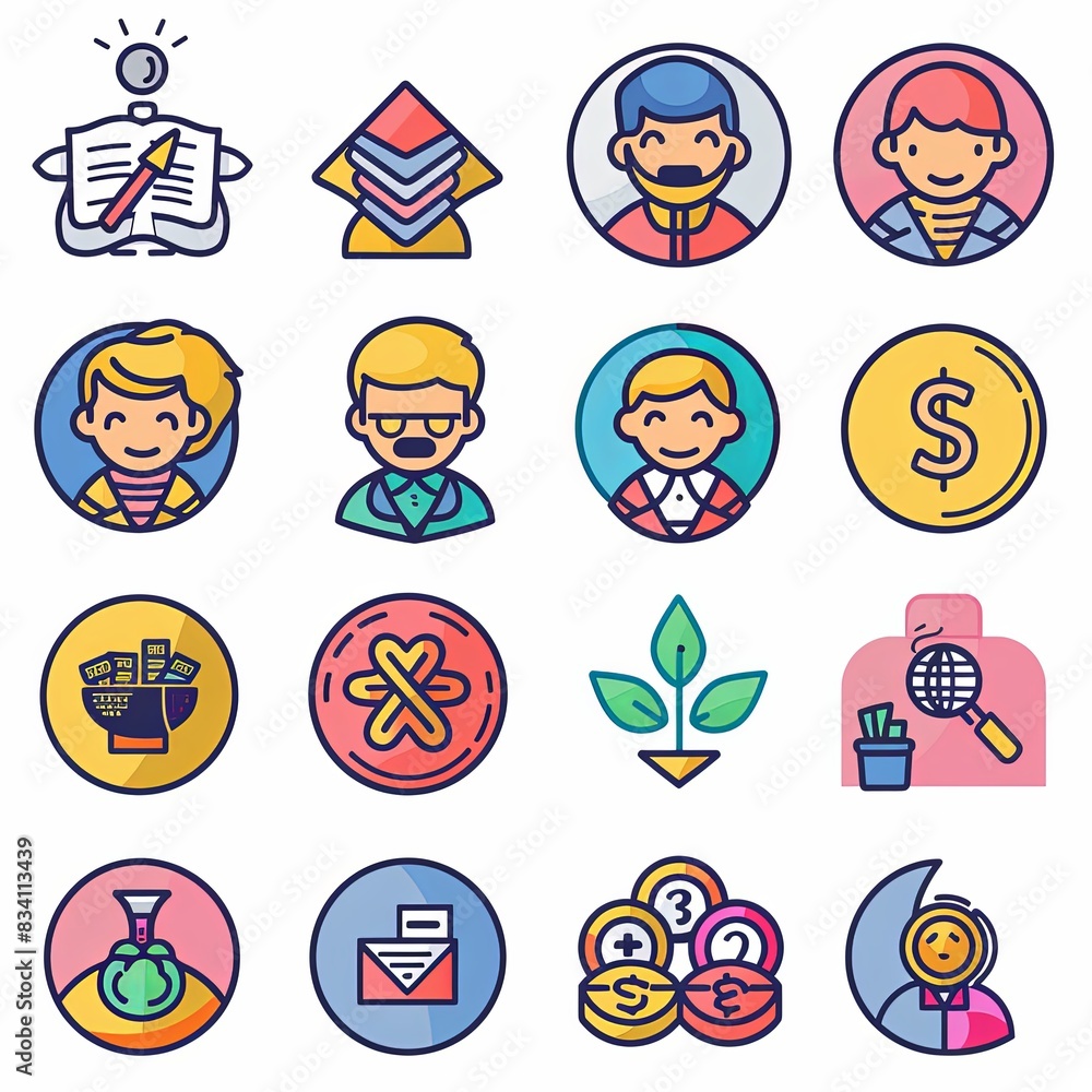 A set of cartoon faces with various expressions and objects such as a book A set of cartoon faces with various expressions and objects such as a book