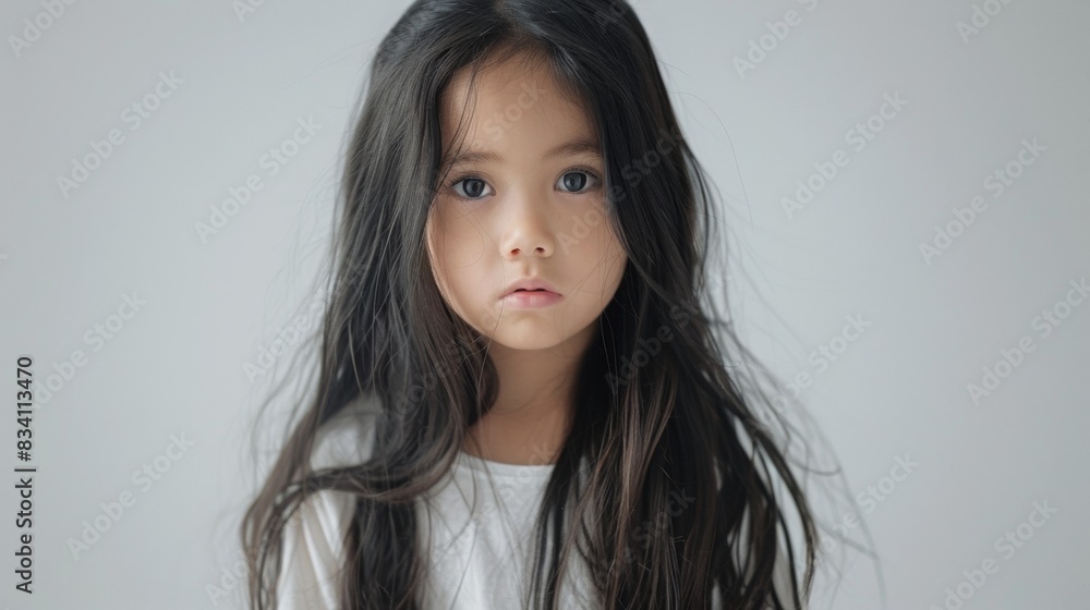 a 7 year old girl with long black hair on a white background standing up looking forward a 7 year old girl with long black hair on a white background standing up looking forward