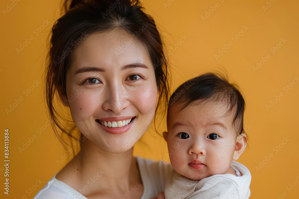 happy asian single mother and child in front of the yellow background happy asian single mother and child in front of the yellow background