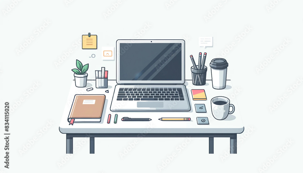 Illustrated Workspace with Laptop and Office Supplies Illustrated Workspace with Laptop and Office Supplies