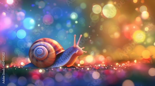 A cute snail sleeping on the ground, with glowing light particles around it, against a colorful