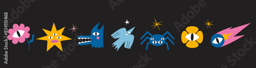 Set of various funny cartoon characters like monsters, flower, star, spider, bird and comet. Trendy modern vector illustration, hand drawn, flat design