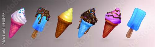 3d colorful set of ice cream in color waffle cones with vanilla .Blue fruit ice cream on the sticks with chocolate drips. 3d sweet set. Cold dessert. Vector eps 10