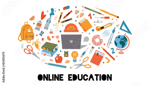 Distance education concept. Online School, Digital internet tutorials and courses, e-learning. Composition with laptop, study supplies, stationery, art tools and books. Vector cartoon illustration