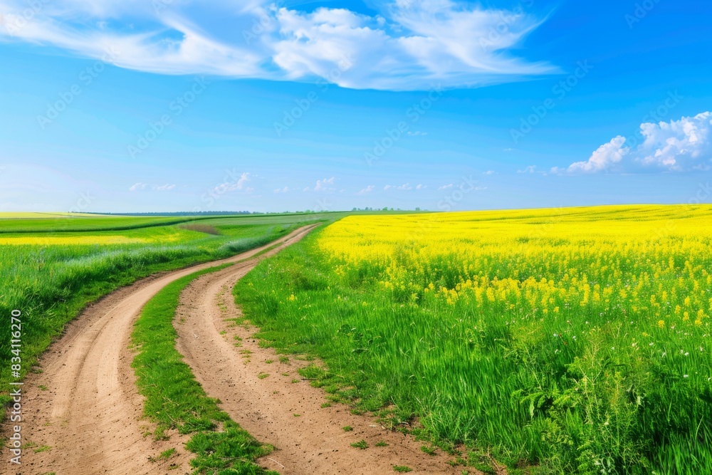 dirt road leading through canola fields under a blue sky, with green grass on both sides and yellow rapeseed flowers blooming in the background Generative AI dirt road leading through canola fields under a blue sky, with green grass on both sides and yellow rapeseed flowers blooming in the background Generative AI