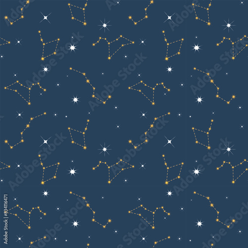 Constellations in the night sky seamless pattern background. Summer mood. Trendy summer pattern for wrapping paper, wallpaper, stickers,