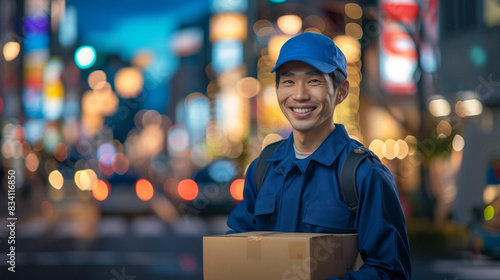 Happy delivery worker in blue uniform holding a package with vibrant city lights in the background