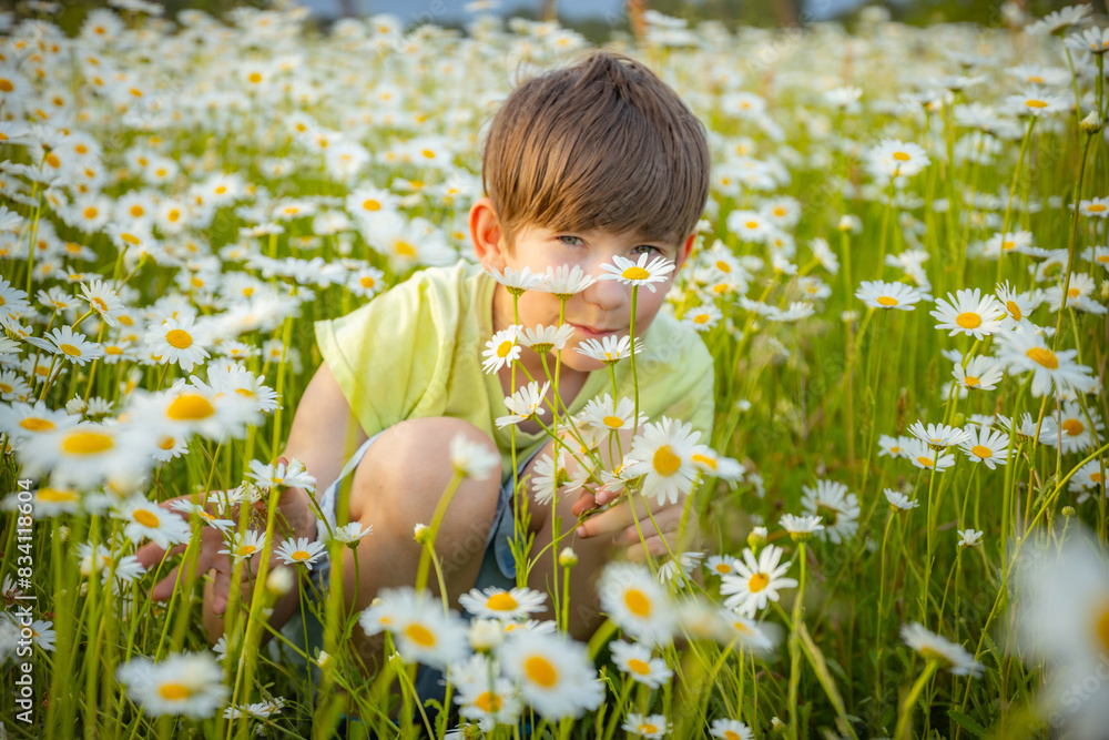 A young boy in a light green shirt sits among blooming white daisies, holding a bouquet close to his face. The field is filled with flowers, creating a cheerful and natural scene. A young boy in a light green shirt sits among blooming white daisies, holding a bouquet close to his face. The field is filled with flowers, creating a cheerful and natural scene.