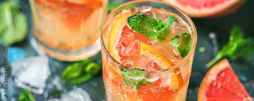 refreshing cocktails with ice, mint, and citrus garnishes suitable for social gatherings and celebrations. photo