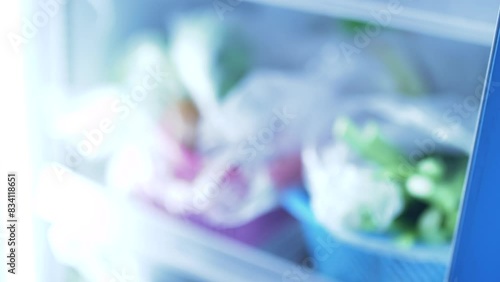 Open refrigerator. Blue refrigerator. Blurry for text.