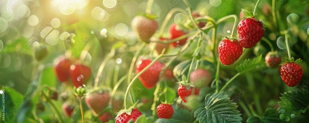 Fototapeta premium ripe strawberries in a sunlit field with flowers and greenery.