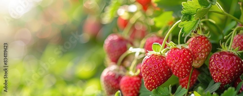  ripe strawberries in a sunlit field with flowers and greenery.