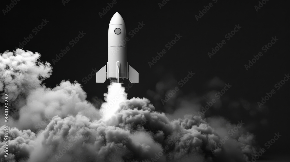 Naklejka premium Rocket soaring through thick clouds into a pitch-black, starless night sky