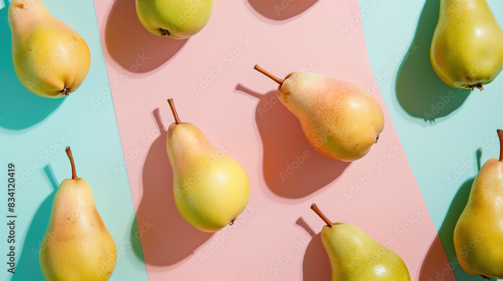 Fresh pears arranged on a two-tone background. Generative AI image Fresh pears arranged on a two-tone background. Generative AI image