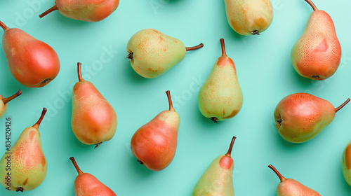 Fresh pears arranged on a two-tone background. Generative AI image