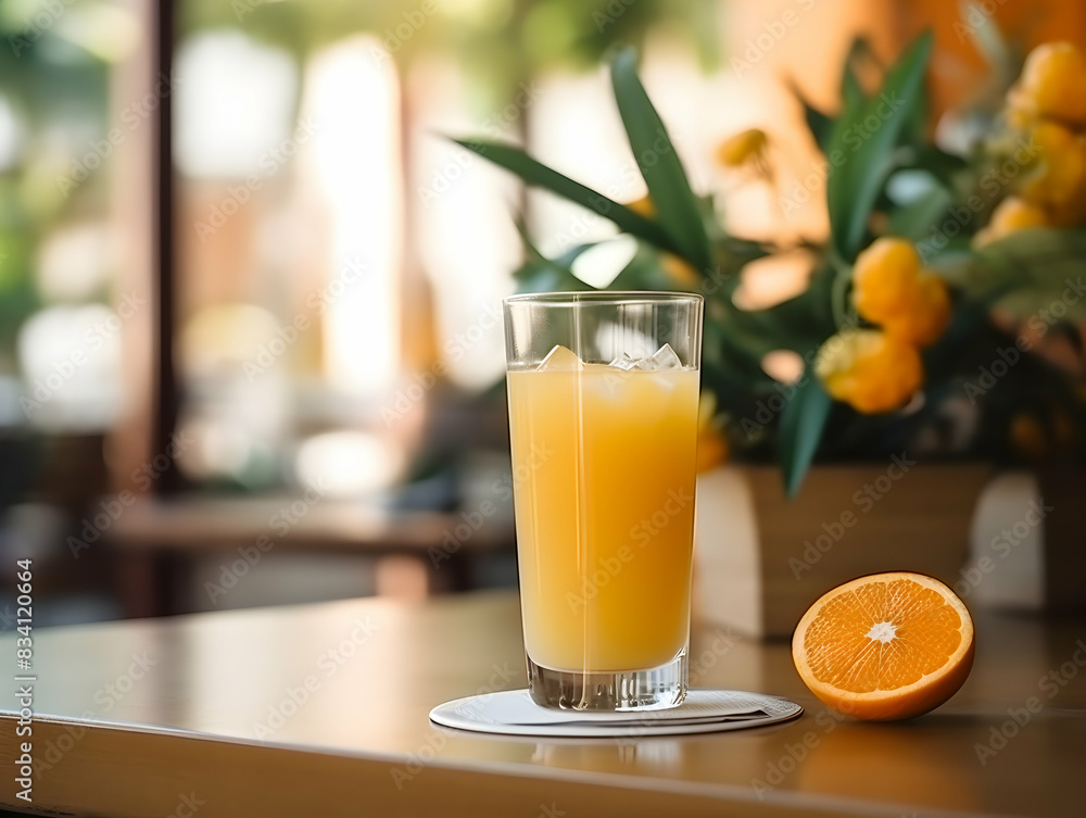 A Glass of orange juice with slice of orange, Refreshing and healthy orange juice ice in a glass with summer background, orange juice photo A Glass of orange juice with slice of orange, Refreshing and healthy orange juice ice in a glass with summer background, orange juice photo