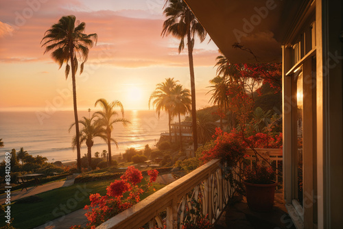 Serene sunset ocean view from a tropical balcony. Generative AI image photo