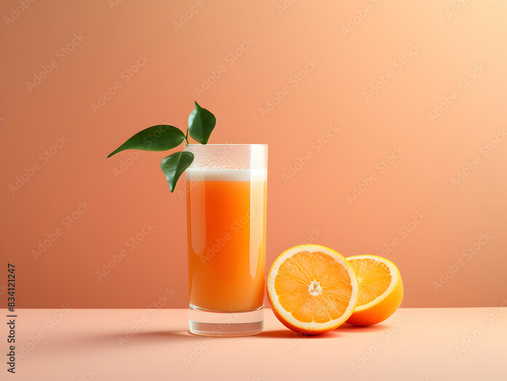 Fototapeta premium A Glass of orange juice with slice of orange, Refreshing and healthy orange juice ice in a glass with summer background, orange juice photo