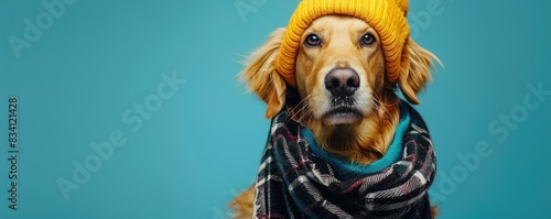 golden retriever dog wearing a scarf and jacket, exuding style and sophistication. photo