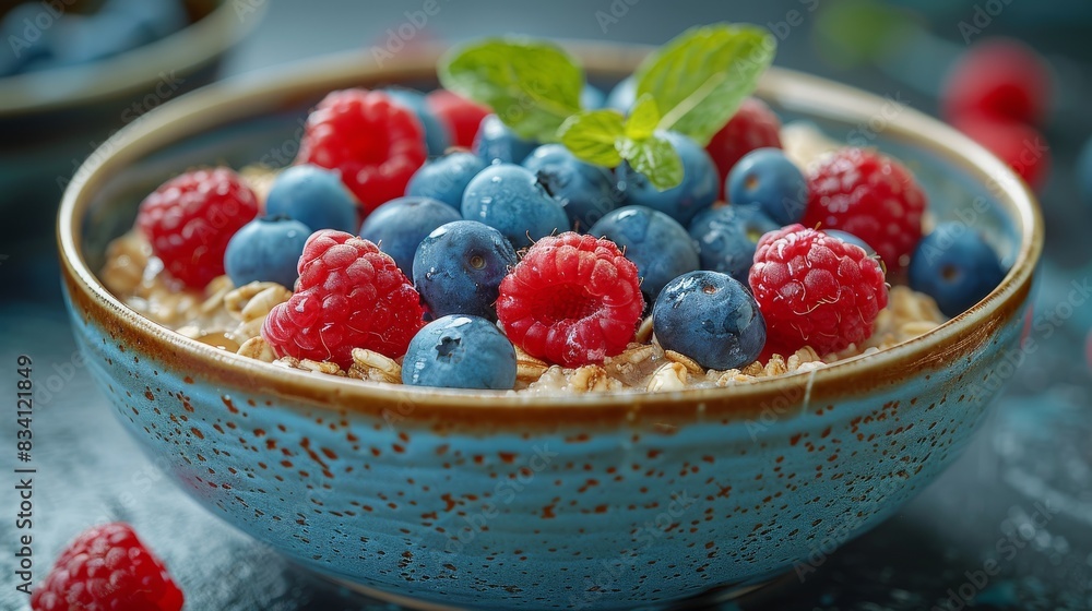 Yummy vegan breakfast bowl of oatmeal, blueberries, and raspberries Yummy vegan breakfast bowl of oatmeal, blueberries, and raspberries
