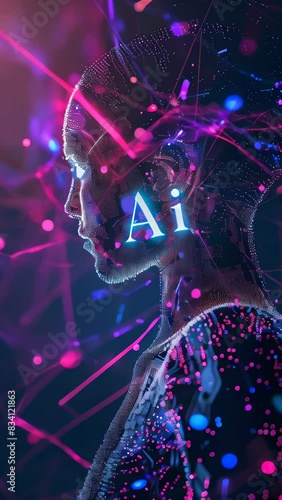 Letters Ai over Futuristic humanoid with glowing neon network connections, digital artificial intelligence concept banner, technology and innovation businesses, data science and cybernetics industries photo