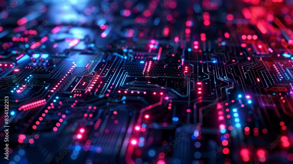 A computer chip with many small red and blue dots A computer chip with many small red and blue dots