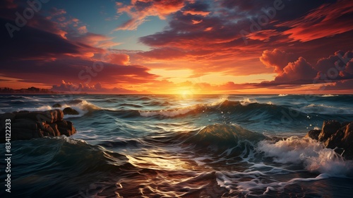 Dramatic Sunset Over The Ocean with Vibrant Colors and Crashing Waves