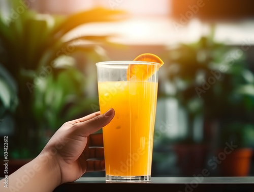 A Glass of orange juice with slice of orange, Refreshing and healthy orange juice ice in a glass with summer background, orange juice photo