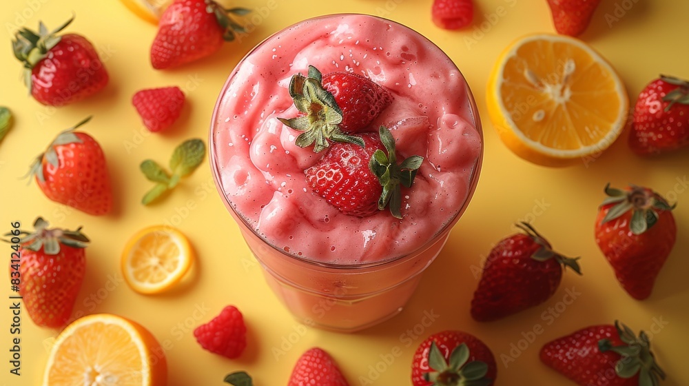 A strawberry smoothie with floating fruit on a yellow background A strawberry smoothie with floating fruit on a yellow background